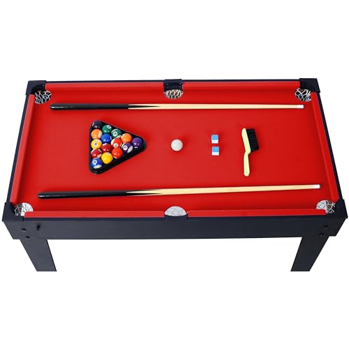 5-in-1 Combo Game Table Set for Home, Game Room, Friends & Family - with Billiards, Push Hockey, Foosball, Ping Pong, and Basketball - Black + Red