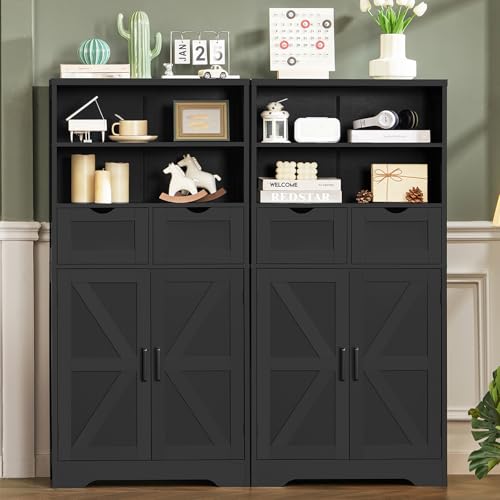 TEENFON Storage Cabinet with Doors & 2 Drawers, Kitchen Cabinet with Adjustable Shelf, Pantry Cabinets, Bathroom Cabinets, for Living Room, Entryway, Home Office, Black - color: Black