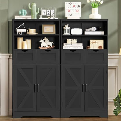 TEENFON Storage Cabinet with Doors & 2 Drawers, Kitchen Cabinet with Adjustable Shelf, Pantry Cabinets, Bathroom Cabinets, for Living Room, Entryway, Home Office, Black - color: Black