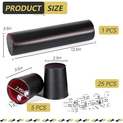Party Games Leather Dice Cup Set, 5 Dice Cups+25 Dice+1 Folding Tray Exclusive Storage and Transport Case Made of Faux - color: 5xred Black+folding Tray