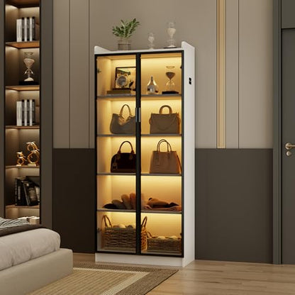 Dystler Display Cabinet with Doors and Adjustable Shelves, 65" Tall Bookcase with LED Lights/Human Sensor, 5 Tier Display Case for Collectibles Bedroom Living Room Office, White - color: White