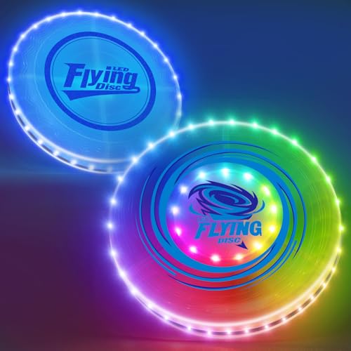 HYES 2 Pack Light up Flying Discs for Kids, Rechargeable Disc with 45 LEDs, 14 Lighting Modes(10")&Built-in Battery Disc(7.8"), Glow in The Dark Ring for Beach/Camping/Outdoor Sport - size: 2PCS: 10in + 7.8in