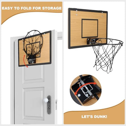 Mini Basketball Hoop for Kids,Durable Wooden Over The Door Basketball Hoop Indoor,Mini Hoops with 4 Balls and Pump for Teens and Adults