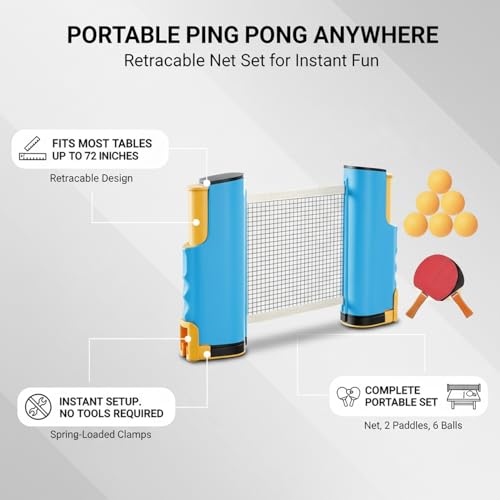 Portable Retractable Ping Pong Net Set with 2 Rackets & 3 Balls, Tool-Free Clamp for Any Flat Table - color: Yellow
