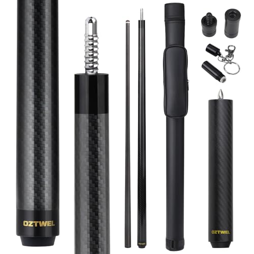 Carbon Fiber Pool Cue Stick, 12.4mm 8-Layer Tip Low Deflection Pool Cue Professional Pool Sticks for Adults with Pro Taper Cue Shaft 3/8 x 8 Joint Pin - color: Black with Extension
