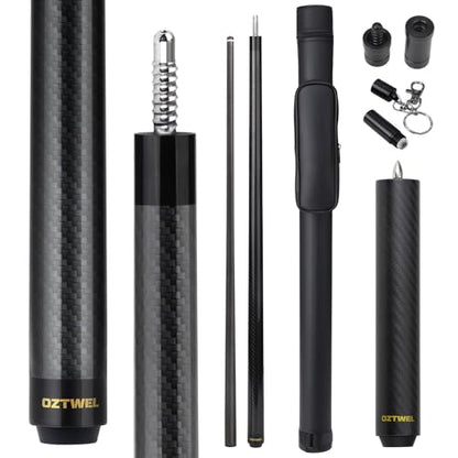 Carbon Fiber Pool Cue Stick, 12.4mm 8-Layer Tip Low Deflection Pool Cue Professional Pool Sticks for Adults with Pro Taper Cue Shaft 3/8 x 8 Joint Pin - color: Black with Extension