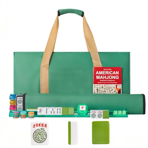 American Mahjong Game Set, 166 Green Tiles, 4 All-in-One Color Rack/Pushers, Complete Mahjong Tile Set，Green Carrying Bag - color: Green