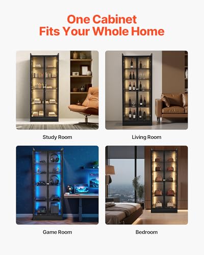 VEVOR Display Cabinet with Doors, 67in Tall Display Case with 2 Adjustable Shelves, 3 LED Lights, 5-Tier Curio Collectibles Storage Cabinet, Bookshelf Bookcase for Pantry Bedroom Living Room Office - size: 67in