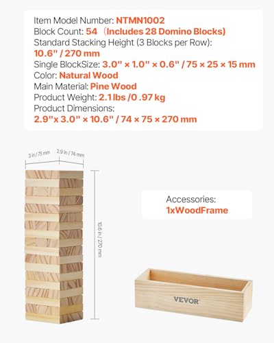 VEVOR Tumbling Timber Toy, 54 Blocks, Pine Wood Tumbling Tower Game with Storage Crate, Tumble Tower Blocks, Multiple Ways to Play Wooden Stacking Game for Indoor and Outdoor Family Gatherings