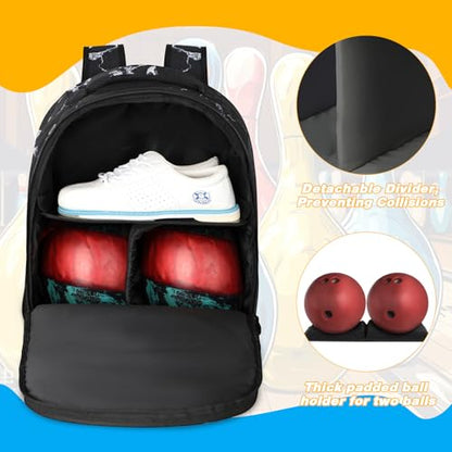 Goloni 2 Ball Bowling Backpack,Bowling Ball Bag with Shoe Compartment & Portective Foam Padded, Fits Shoes Up to US Size 16 - color: Crack Black