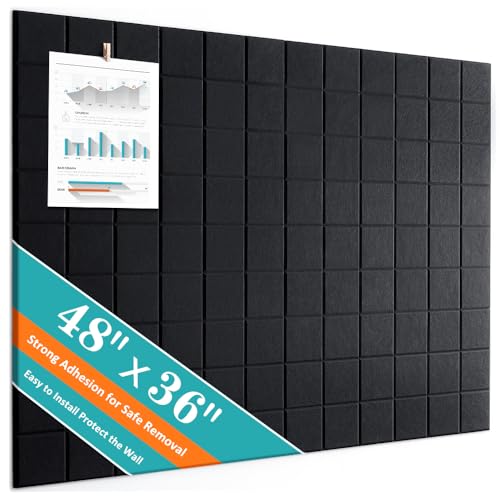 Large Cork Board, 12 Pack Felt Wall Tiles with Safe Removable Adhesive, Bulletin Board for Office, Pin Tack Corkboard for Quilting Design & Dart Wall Protector 48" x 36" - Black - color: Black