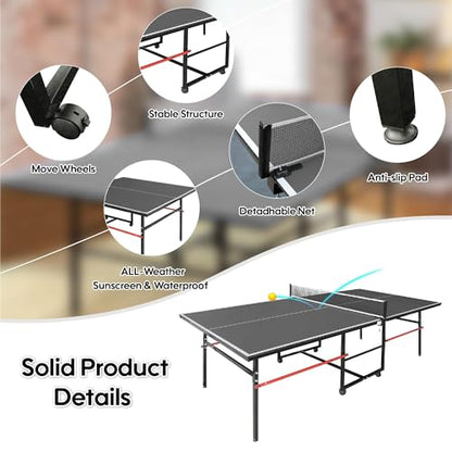 8FT Table Tennis Table with Net, Indoor/Outdoor Professional Ping Pong Table for Kids Adults, Folding Ping Pong Table, Complete Set with Paddles and Balls, School Playground Game Table - color: Black