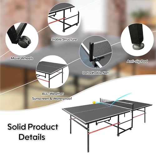 8FT Table Tennis Table with Net, Indoor/Outdoor Professional Ping Pong Table for Kids Adults, Folding Ping Pong Table, Complete Set with Paddles and Balls, School Playground Game Table - color: Black