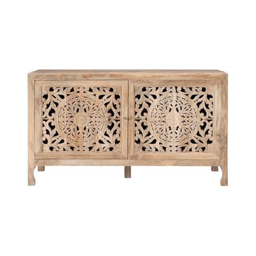 Pemberly Row Transitional Mango Wood Two Door Cabinet, Natural Brown Finish, 60" w x 20" d x 34" h, Handcrafted Storage Sideboard for Dining Room, Entryway, or Living Room