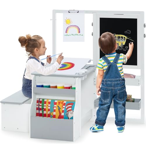 INFANS 3 in 1 Kids Art Table and Chair Set, Toddler Craft and Play Wood Activity Desk with Double-Sided Easel Blackboard Whiteboard, Paper Roll for Writing, Children Furniture for Daycare Nursery - style: Grey