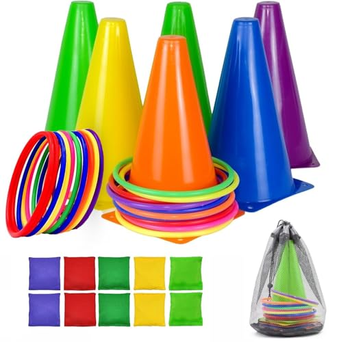 26 Pcs Colorful Ring Toss & Bean Bag Combo Set – Outdoor Carnival Games with 10 Rings, 6 Cones (7.1″), 10 Bean Bags – Backyard Throwing Games for Kids Adults Birthday Party, Field Day, School Festival
