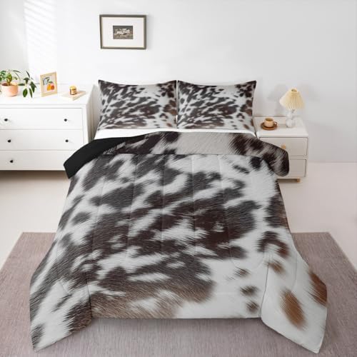 Western Brown Cowhide Comforter Set,Aztec Black White Cow Print Bedding Set Queen Rustic Farm Animal Down Comforter for Kids Boys Girls Men Women,Cowboy Cowhide Quilt Duvet Set Bedroom Decor 3 Pcs - color: Lwh22883, size: Queen