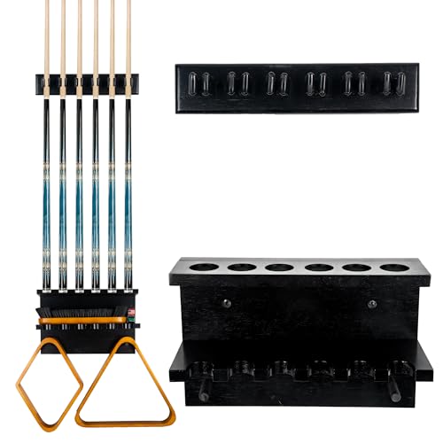 Billmart Wall Mount Pool Stick Holder - Billiards Pool Cue Rack for 6 Cues Sticks Storage Pool Table Accessories, Black