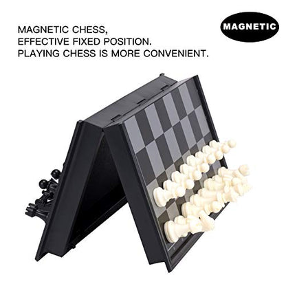 AMEROUS 10 Inches Magnetic Travel Chess Set with Folding Chess Board - 2 Extra Queens - Instructions for Beginner, Kids and Adults