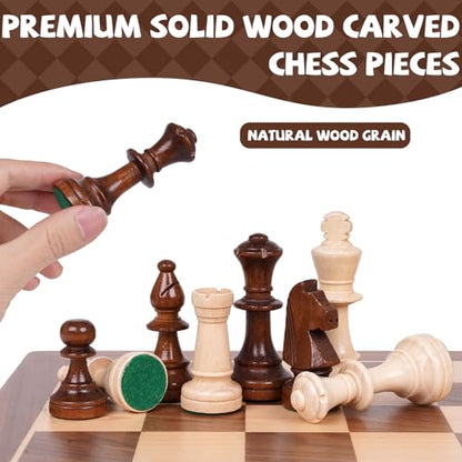 Large 17-Inch Wooden Chess Set – Folding Chess Board with Solid Wood Pieces, Oversized 3.5” King, Two Extra Queens, Premium Gift Chess Set for Adults Classic Strategy Game