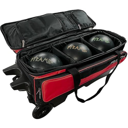 Pyramid Path Triple Premium Deluxe Roller Bowling Bag With Extra Large Separate Shoe Compartment (Up To US Mens Size 16) and 5 Accessory Pockets, 5" Wheels, Retractable Locking Handle - Extends to 42" - color: Black/Red