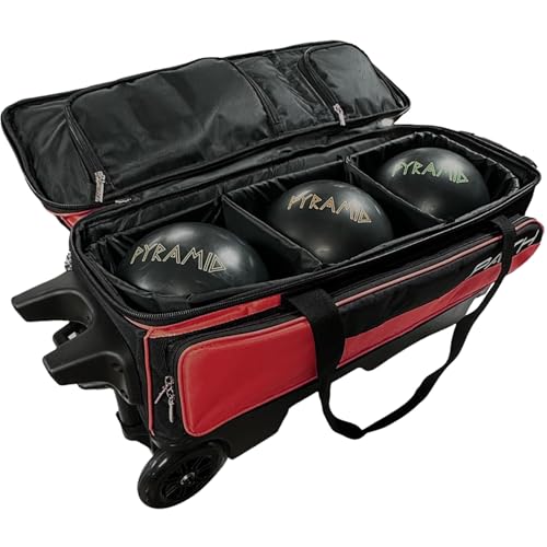 Pyramid Path Triple Premium Deluxe Roller Bowling Bag With Extra Large Separate Shoe Compartment (Up To US Mens Size 16) and 5 Accessory Pockets, 5" Wheels, Retractable Locking Handle - Extends to 42" - color: Black/Red