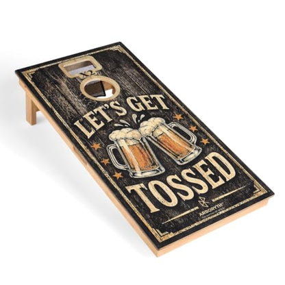 Let's Get Tossed Regulation Cornhole Set - Two 4x2 FT Double Hole Boards with Built-in Scoreboard, 1 Canvas Tote Bag & 8 Professional Red & Blue Bean Bags