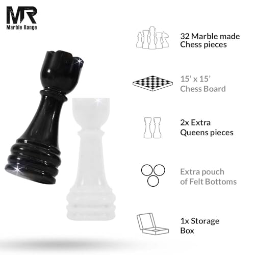 Marble Chess Set 15" Inches White and Black with Storage Box and 2 Extra Queen Handmade Classic Board Games for Adults, Luxury Marble Chess Board & Chess Pieces for Gifts - color: White & Black