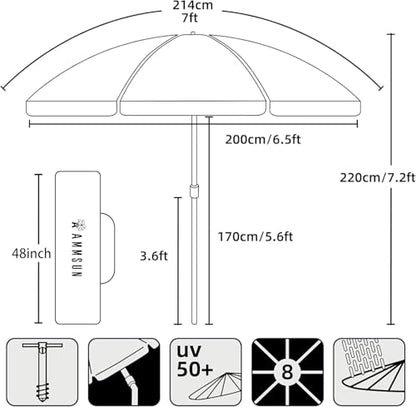 AMMSUN 7ft Beach Umbrella with Sand Anchor Sand Screw, Tilt, Windproof, Sun Protection,UPF 50+ Silver Coating Inside and Telescoping Pole for Outdoor Patio (Solid Navy) - color: Solid Navy