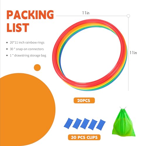 Hopscotch Rings, 2-Set – 20 Round Hoops (11-inch) + 30 Connectors, Agility Rings for Kids, Builds Gross Motor Skills, Preschool & Kindergarten PE, Indoor/Outdoor Playground Obstacle Course - style: 11" Hoop – 2 Set