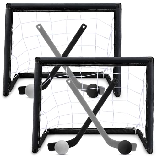 Leyndo 2 Sets Kids Mini Hockey Set Includes 2 Hockey Nets 2 Mini Hockey Goal 4 Plastic Mini Hockey Sticks 4 Foam Balls Knee Hockey Goal Hockey Ball for Kids Indoor Floor (Dark Color) - color: Dark Color