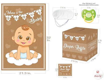 Party Hearty Pin the Pacifier & Diaper Raffle Baby Shower Games | 2 Game Set, Any Gender, Pin the Pacifier on the Baby, 50 Pcs Diaper Raffle Tickets with Box, Bring a Pack of Diapers to Win - color: Kraft - Pin the Binky & Raffle