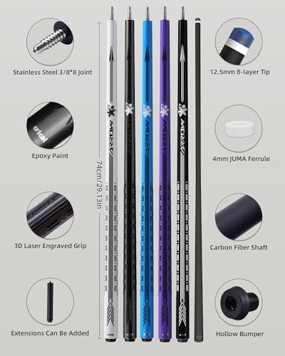 CRICAL Carbon Fiber Pool Cue Stick - 58" Low Deflection Professional Pool Cue with Pro Taper Shaft, 3D Anti-Slip Wrapless Grip, 12.5mm Tip & 3/8x8 Joint Billiard Stick for Enhanced Control & Accuracy - color: CL-PD-Set1 Grey