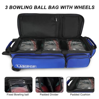 LARIPOP 3 Ball Bowling Bag with Wheels and Shoe Compartment, Rolling Bowling Bag for 3 Balls, Heavy Duty Bowling Roller Bag with Retractable Handle for Men Women - color: Blue