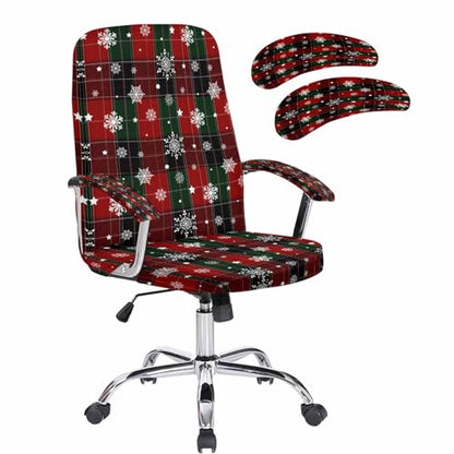 Christmas Red Green Classic Buffalo Plaid Snowflake Pattern Office Chair Cover with Armrest Covers, Universal Stretch Desk Rotating Chair Slipcovers, Removable Seat Protector with Zipper, M - color: Dark Red, size: Medium & 2PCS Armrest Covers
