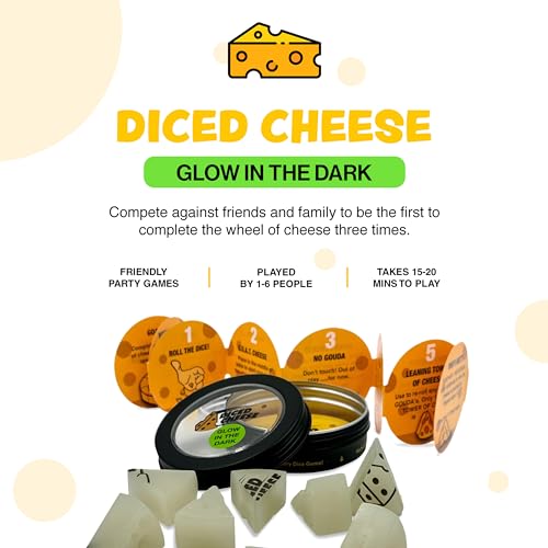 Diced Cheese - Glow in the Dark Dice Game - 1 Pack | Contains Eight Pieces of Diced Cheese, One Tin, and Instructions, Glow in the Dark for Camping and Nighttime Play - style: 1 Pack, Glow in the Dark