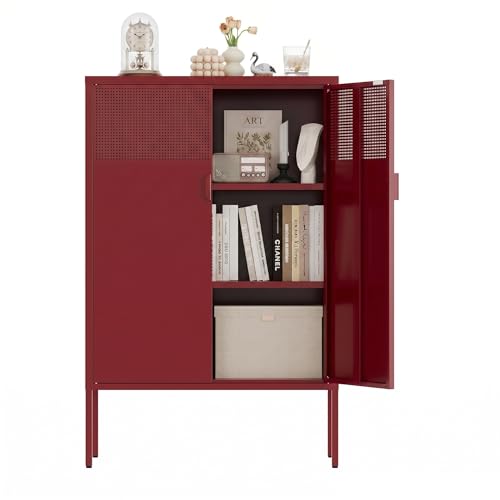 Metal Storage Cabinet,2 Door TV Stand, Metal Mesh Accent Cabinet,Magnetic Door Closure,Low Storage Cabinets with Doors and Shelves - color: Red, size: 47"H