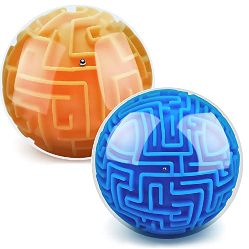 2 Pack 3D Maze Puzzle Ball - Brain Teaser Game, Gravity Memory Cube - Educational Toy Gifts for Students, Teens, Adults - Orange and Blue - color: Blue,orange