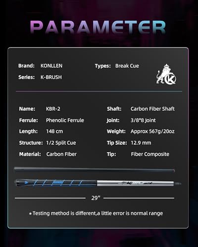 KONLLEN Carbon Fiber Break Cue, 58" 2-Piece Heavy Hitter Pool Break Cue Stick with 12.9mm Tip, Professional Billiards Break Stick - color: KL-KBR-2