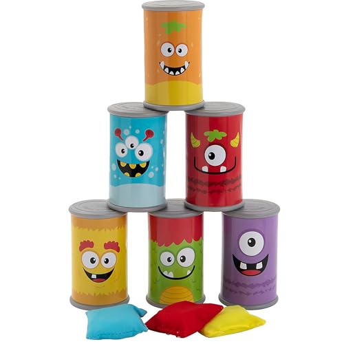 Monster Can Toss Game - Includes Plastic cans and Bean Bags - Carnival Circus Party Games and Halloween Activity for Kids