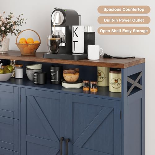 Befrases Farmhouse Buffet Cabinet with Drawers & Open Shelf, Sideboard with Storage, Kitchen Pantry Cabinet Hutch, Coffee Bar Station for Kitchen, Livingroom, 47" L Blue - color: Blue