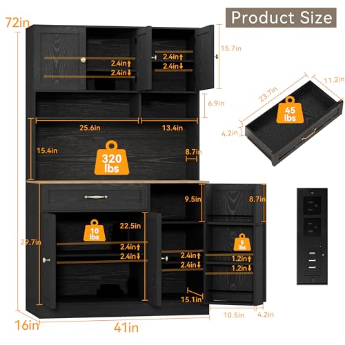FJTJBSI 72" Kitchen Pantry Cabinet with LED Light and Charging Station Tall Pantry Storage Cabinet with Adjustable Shelves and Door Shelves Modern Kitchen Hutch with Countertop Black - color: Black
