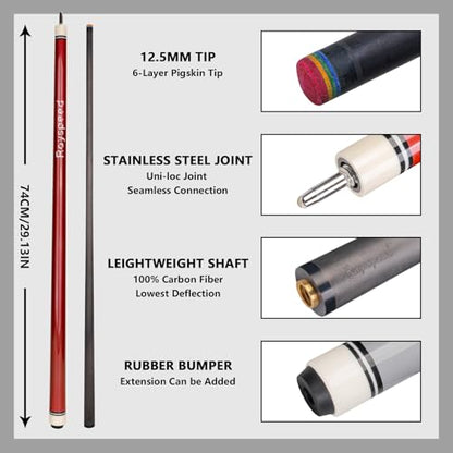 Carbon Fiber Pool Cue Stick 12.5mm Low Deflection Full Carbon Technology Pool Stick for Adults Professional Billiard Cue with Uni-loc Pin Joint - color: Burgundy