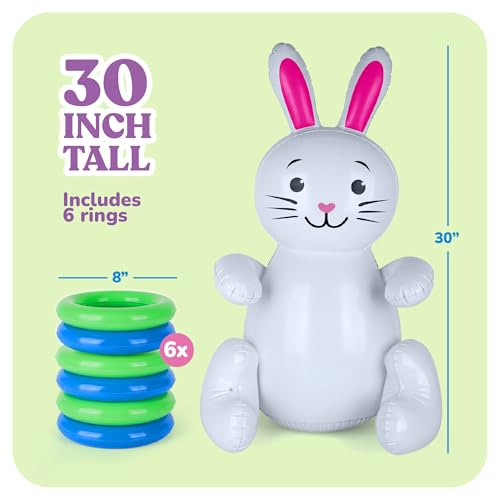 ArtCreativity 30" Easter Bunny Inflatable Ring Toss Game for Kids and Adults, 6 Rings, Weighted Bottom, Family Outdoor Party, White