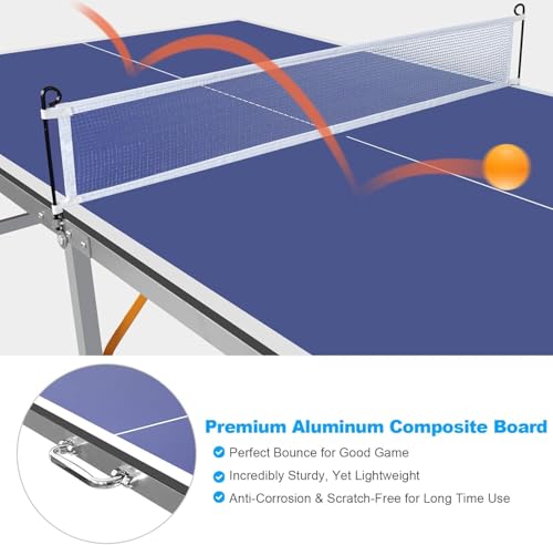 6ft Mid Size Blue Foldable Portable Ping Pong Table Indoor Outdoor Game Set with Net 2 Paddles 3 Balls