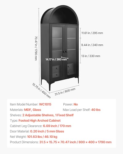 VEVOR Arched Kitchen Pantry Cabinet with Glass Doors, 70in Tall Curio Cabinet, 4-Tier Display Case with 2 Adjustable Shelves, Bookcase Bookshelf for Collectibles Storage Living Room Office - size: 70in