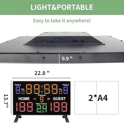 Basketball Digital Scoreboard with Remote,Battery Powered Portable Tabletop Electronic Scoreboard with 75dB Buzzer,Countdown Timer & Score for Games - style: black with shot clock