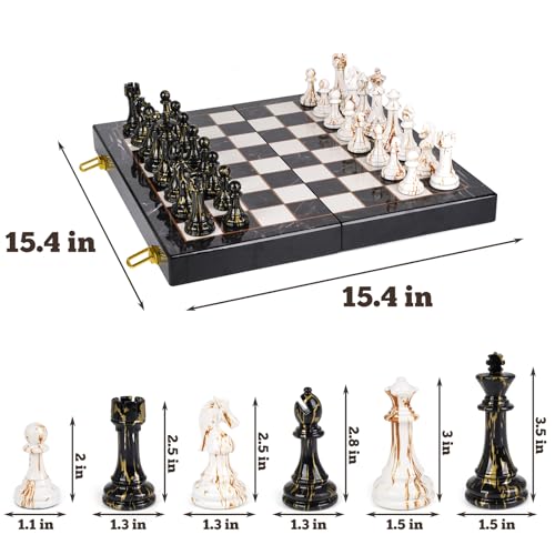 15" Large Chess Set for Adults with Weighted Acrylic Chess Pieces 3.5" King & Portable Folding Marbling Wooden Chess Board Travel Chess Sets Family Board Game Gift – Elegant Classic Chess Game