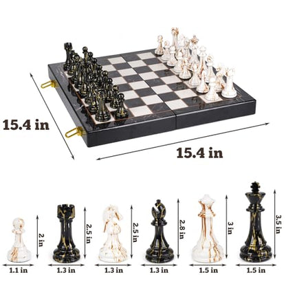 15" Large Chess Set for Adults with Weighted Acrylic Chess Pieces 3.5" King & Portable Folding Marbling Wooden Chess Board Travel Chess Sets Family Board Game Gift – Elegant Classic Chess Game