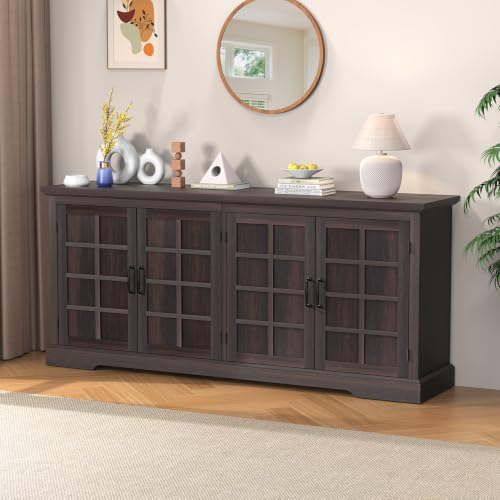 Bigbiglife 70.2" Wood Buffet Cabinet, Farmhouse Buffet Sideboard Cabinet with 4 Doors and Adjustable Shelves, Coffee Bar Wine Bar Storage Cabinet for Kitchen, Living Room, Chocolate Brown - color: Chocolate Brown